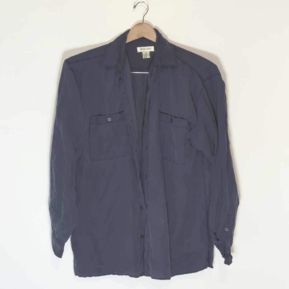 Bogari 100% Silk Navy Blue Button-down Blouse